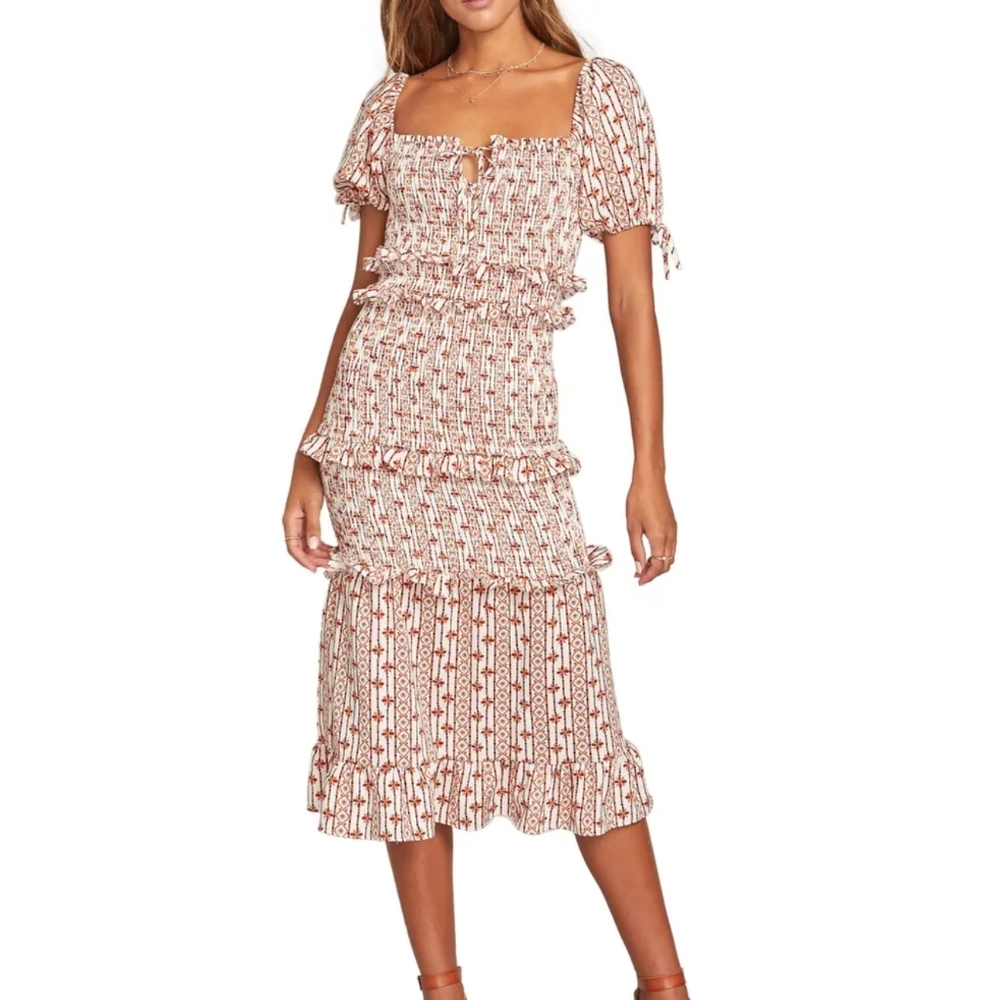 Lost + Wander Ruffle Trim Smocked Midi Dress S